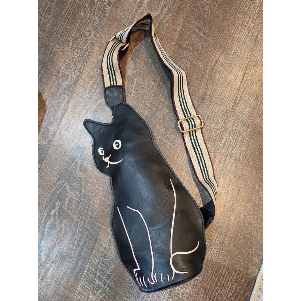 Black Cat Shaped Shoulder Bag Embroidered Gold Hardware Adjustable Strap Women